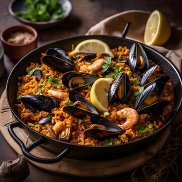 A delicious seafood paella with saffron-infused rice, plump shrimp, and tender mussels.