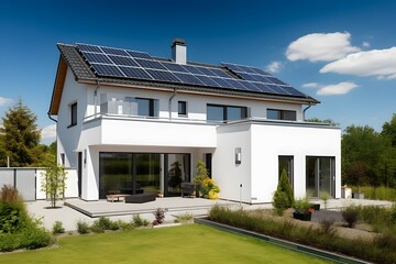 modern house with solar panels on roof on sunny day, Cinematic, Photoshoot, Shot on 65mm lens,...