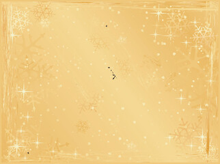 Horizontal golden winter background with snowflakes, stars and grunge elements. Use of global colors and linear gradients.