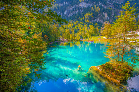 Scenic view of Blausee, a small lake in Kandersteg, Bern canton, Jungfrau region, Switzerland