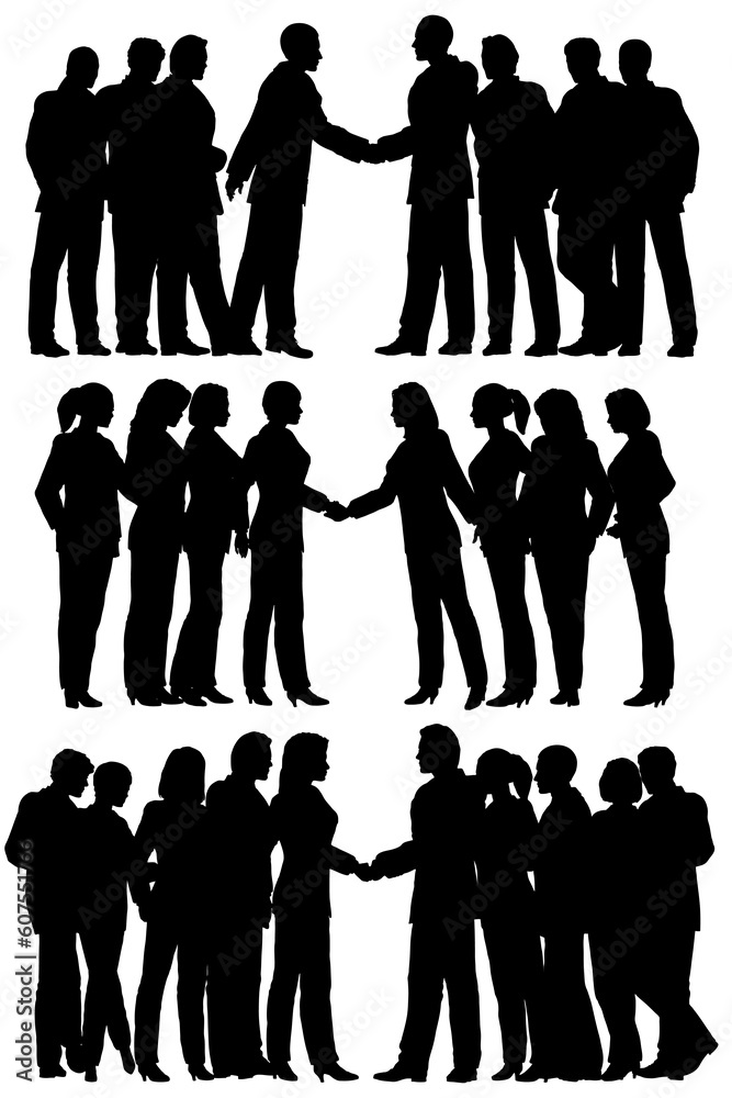 Fototapete Three sets of editable vector silhouettes of business groups meeting with each person as a separate element