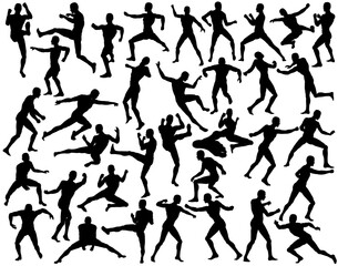 Set of editable vector silhouettes of fighting men