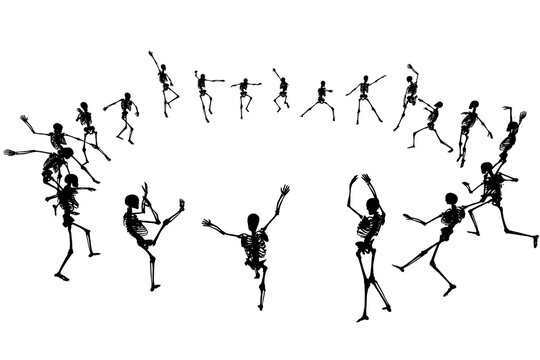 Editable vector skeleton silhouettes dancing in a ring with each skeleton as a separate object