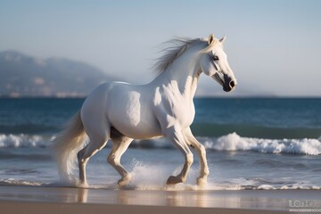 Naklejka na ściany i meble white horse dynamic pose on sea beach on sunny day , Cinematic, Photoshoot, Shot on 65mm lens, Shutter Speed 1 4000, F 1.8 White Balance, 32k, Super-Resolution, Pro Photo RGB, Half rear Lighting, Back
