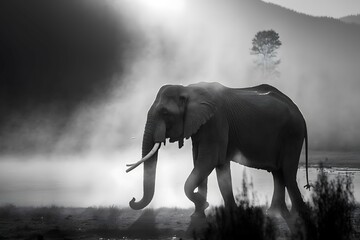 Fototapeta na wymiar elephant in the mist sunny morning, photo, hasselblad, Fujifilm xt100, ultra real