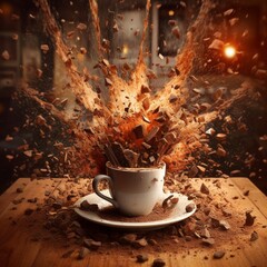 Explosion of coffee espresso with a cup and beans , pieces of chocolate 