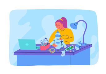 Cartoon Color Character Woman Building Robot Concept Flat Design Style. Vector illustration of Making Robotic Technology