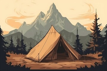 Camping in the Mountains | Tent | Camp | 2D | Vintage Art Style | Created With Generative AI