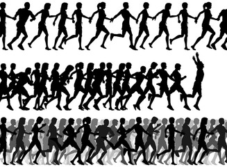 Fototapeta na wymiar Three editable vector foregrounds of people running with all figures as separate elements