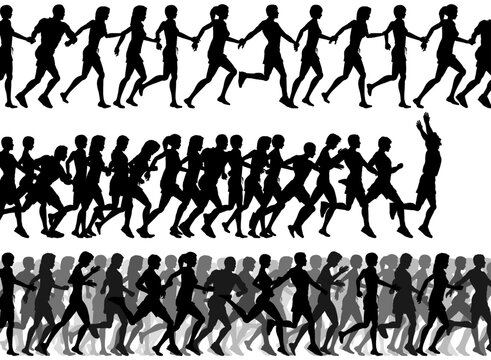 Three editable vector foregrounds of people running with all figures as separate elements