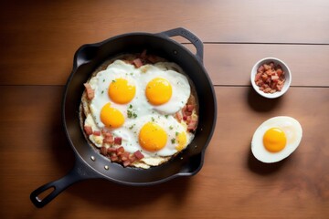 Bacon and eggs in a pan. Composition with tasty fried eggs and bacon on wooden table 