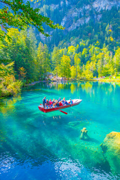 Scenic view of Blausee, a small lake in Kandersteg, Bern canton, Jungfrau region, Switzerland