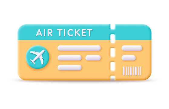 3d air ticket vector icon. Render boarding pass for summer holiday, tourism, booking and time to travel concept. 3d rendering passenger airline ticket cartoon illustration