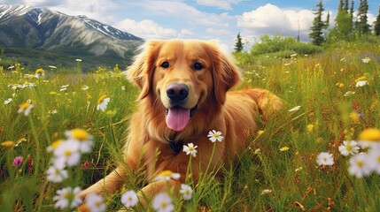 A heartwarming wallpaper capturing a golden retriever lying on a lush green meadow, surrounded by vibrant wildflowers. Generative AI composite.  - Powered by Adobe