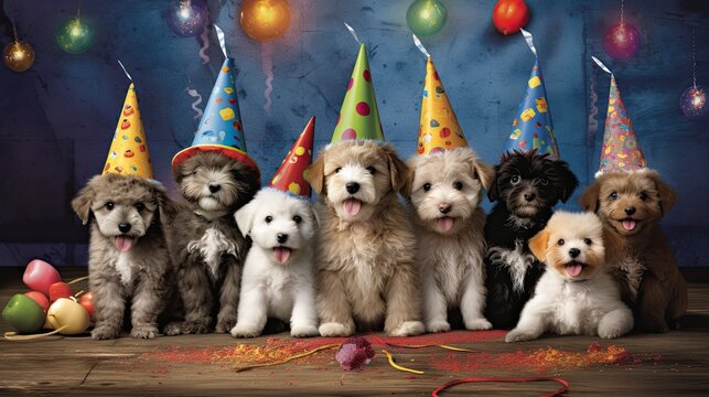 A captivating wallpaper featuring a group of small puppies wearing colorful party hats, ready to celebrate a special occasion. The festive background. Illustration. Generative AI. 