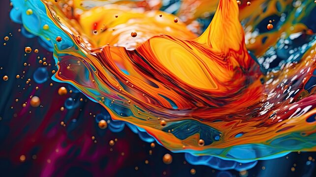 A captivating wallpaper showcasing a macro view of a colorful ink drop falling into a pool of water, creating mesmerizing ripples and dispersion. Generative AI composite. 