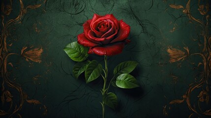 Background featuring a single red rose in the top center on gorgeous textured green backdrop decorated with gold texture. Beautiful illustration with copy space. Generative AI. 