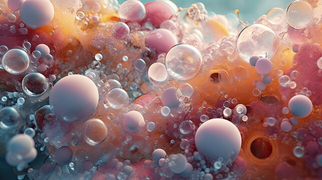 An immersive wallpaper depicting a macro shot of bubbles forming and popping in a liquid medium, creating a visually intriguing and dynamic abstract scene. Generative AI. 