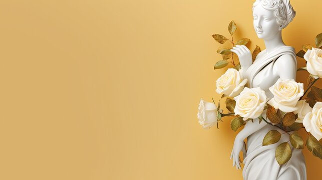 Enchanting minimalist backgroud with a white statue of woman holding  gold-white delicate flowers. Card, voucher. Illustration with copy space. Generative AI. 