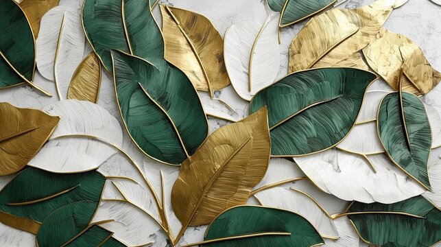 Gold, Green And White Glamor Leaves On White Marble Background. Exclusive Festive Wallpaper Texture, Wedding Card, Celebration, Birthday, Enchanting Texture. Jewelry Accent. Generative AI. 