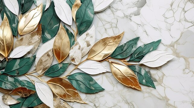Gold, green and white glamor leaves on white marble background. Exclusive festive wallpaper texture, wedding card, celebration, birthday, enchanting texture. Jewelry accent. Generative AI. 