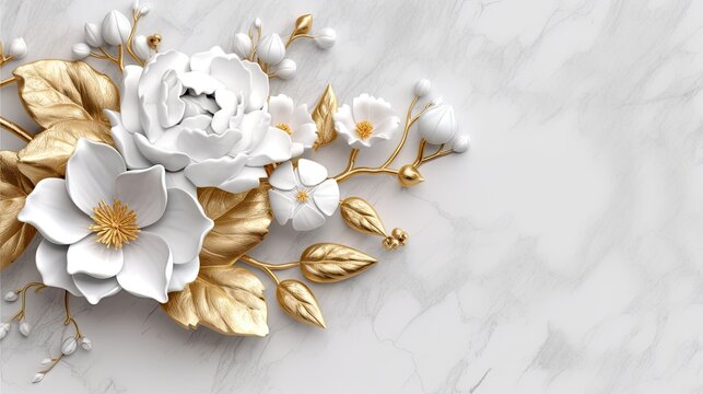 Wedding background with a white marble and granite luxurious texture and gold - white enchanting floral jewerly arrangement. Card, voucher. Generative AI. 