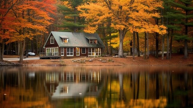 Lakefront vacation cottage in autumn