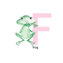 Letter F, frog, cute kids colorful animals ABC alphabet. Watercolor illustration isolated on white background.