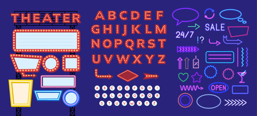 Cartoon Color Retro Signboard Creator Elements Set Concept Flat Design Style Include of Neon Signs and Font. Vector illustration