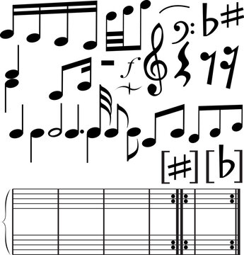 Full set of notes symbols on the white background