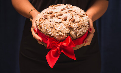Panettone Italian traditional Christmas sweet bread or fruitcake dark background copy space. 