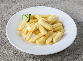 french fries served in dish isolated on background top view of Arabic fast food