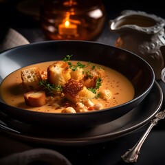 A Rich and Velvety Plate of Lobster Bisque with Croutons