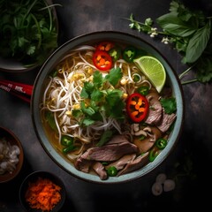 A bowl of beef pho with rice noodles and herbs