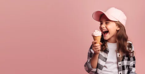Fotobehang Cute Girl eating Ice Cream on a Pink Background (Generative AI) © JJAVA