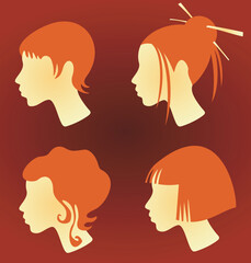 Fototapeta premium Four female heads with red hair and different hairdresses - short, long, classical and japanese.