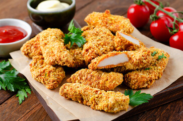 Delicious Crispy Fried Breaded Chicken Breast Strips with Ketchup on Dark Background