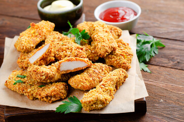 Delicious Crispy Fried Breaded Chicken Breast Strips with Ketchup on Dark Background