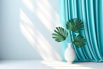 Minimal abstract light blue background for product presentation with green house plant. Shadow of tropical leaves and curtains window on plaster wall. Generative AI