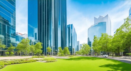 Fototapeta Outdoor image in front of modern office buildings in central business district, generative ai obraz