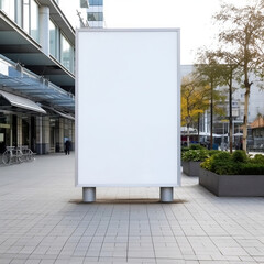 Blank advertising board mockup on empty business center wall with copy space, generative AI