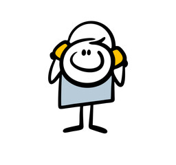 Young student listens to music with headphones, learns the language online. Vector illustration of a satisfied stickman.