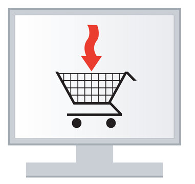 computer monitor with shopping cart and red arrow - concept of online shopping