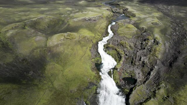 Aerial view of Ofaerufoss waterfall, Skaftarhreppur, Iceland.