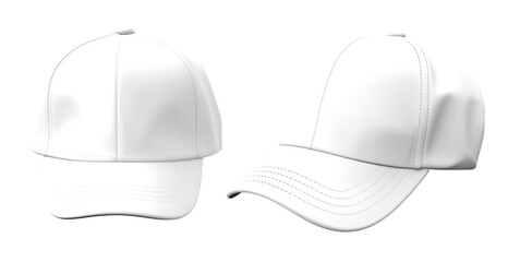 Set of white front and side view hat baseball cap on transparent background cutout, PNG file....