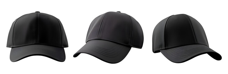 Set of black front and side view hat baseball cap on transparent background cutout, PNG file. Mockup template for artwork graphic design - obrazy, fototapety, plakaty