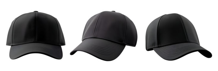 Set of black front and side view hat baseball cap on transparent background cutout, PNG file. Mockup template for artwork graphic design