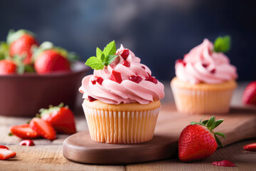 Obraz na płótnie Canvas Delicious cupcakes with strawberry cream and strawberries. Generative AI.