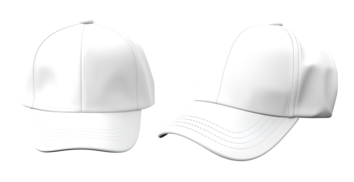 Set of white front and side view hat baseball cap on transparent background cutout, PNG file. Mockup template for artwork graphic design