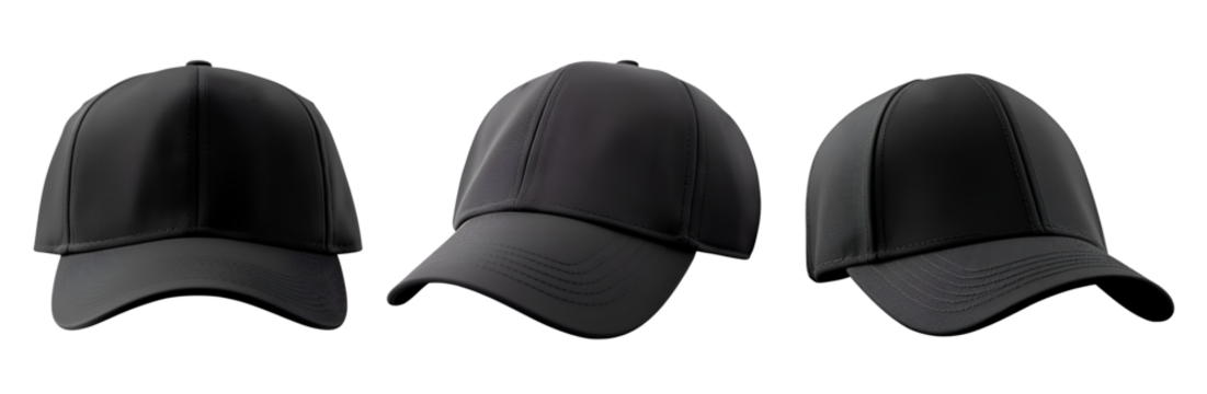 Set of black front and side view hat baseball cap on transparent background cutout, PNG file. Mockup template for artwork graphic design